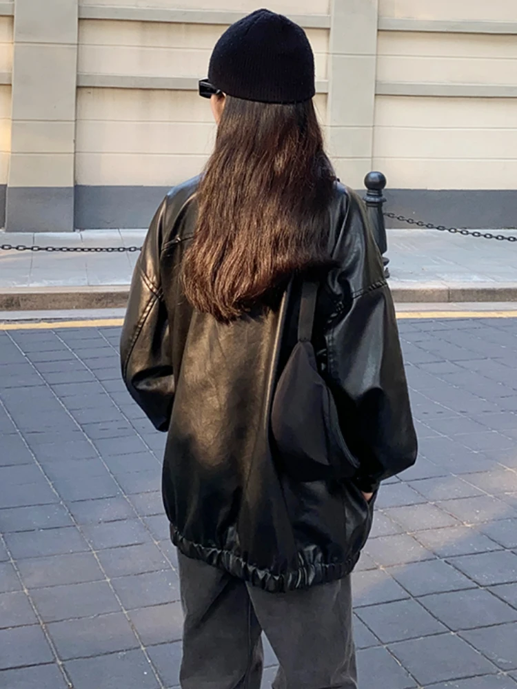Korean Black Leather Jacket Women 2022 Autumn Loose Thin Long Biker Jacket Female Zipper Streetwear Fashion Harajuku Y2K Coat