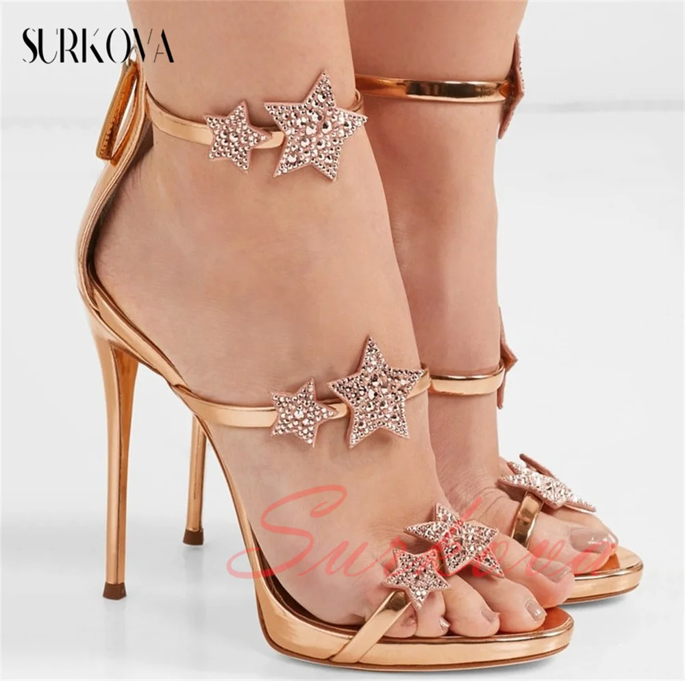 Rhinestone Star Stilettos Sandals for Women Round Open Toe Narrow Band Sandals Ladies Fashion Runway Shoes 2023 Summer New Style