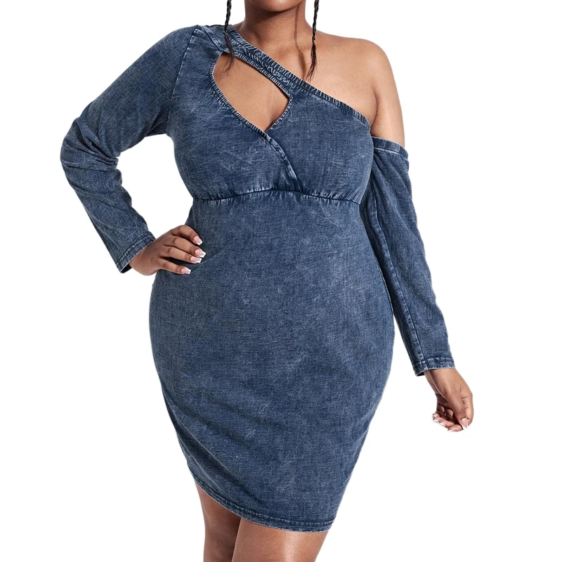 

One Shoulder Long Sleeve Mini Denim Dress Plus Size Bodycon Hollow Out Sexy Dresses Club Vestidos Jeans Robe Curvy Roupa Plus