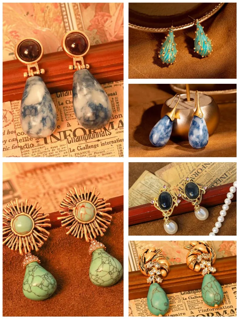 

2023 New Retro Glass Black Gem Simple Fashion Minority Temperament Gold-plated Advanced Sense of Antique Earrings