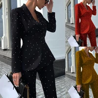 autumn and winter style elegant womens black polka dot long sleeved office suit jacket new two piece suit pant suits for women