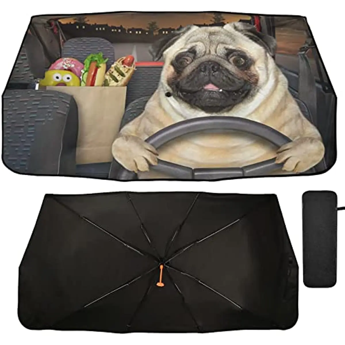 

Oarencol Fun Pug Dog Driving Windshield Sun Shade Car Foldable Umbrella Sunshade Blocks UV Rays Heat Keep Vehicle Cool (58" x 29