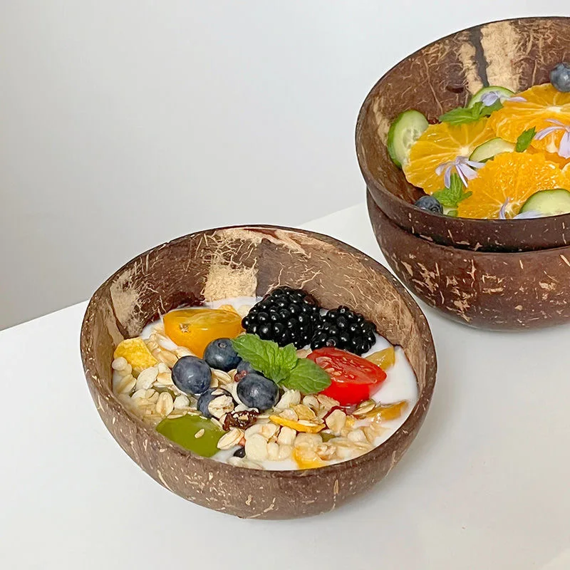 

1-6pcs Natural Coconut Bowl Set Handmade Coconut Shell Tableware Spoon Dessert Fruit Salad Mixing Bowl Rice Ramen Bowl 14-16cm