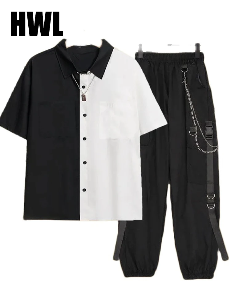 

Women Streetwear 2 Piece Cargo Shorts Set Black Tie T Shirt+Chian Five Point Cargo Pants Women Harajuku Loose Short Sleeve+Short