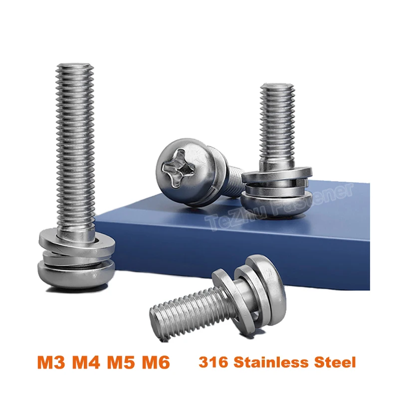 

2-10pcs M3 M4 M5 M6 316 Stainless Steel Phillips Pan Head Three Combination Screw Cross Round Button Head With Washer Screw Bolt