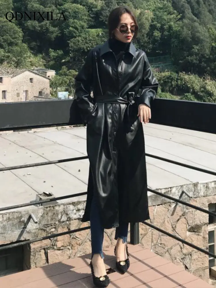 Super Handsome PU Woman Trench Coat Spring and Autumn New In Outerwears Korean Leather Jacket Over-the-knee Long Coat Women
