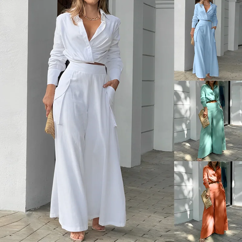 

2023 New Women Shirt Suits INS Solid Color Temperament Commuter Loose Pocket Fashion Casual Suit ElegantTrousers Lady Office Set