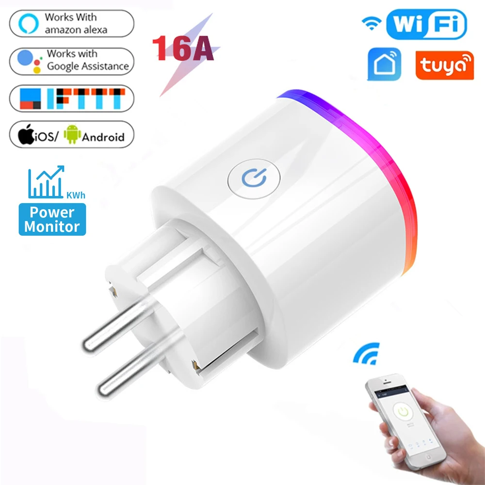 

Tuya Wifi Smart Plug Power Outlet with RGB LED Mini Switch EU FR 16A Smart Sockets Voice Control Timer Work Alexa Google Home