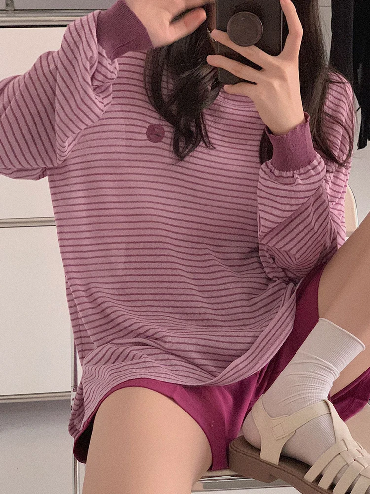 

Топ женский трикотажный оверсайз в полоску, пикантная тонкая футболка с длинным рукавом, простой винтажный пуловер в Корейском стиле, на лето