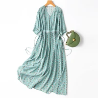 summer natural silk high quality thin maxi dresses for women vintage a line mid calf v neck vestido de mujer