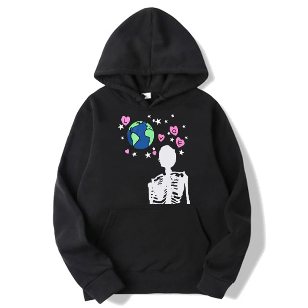 

2023 Hip Hop Hoodie Sweatshirt Street Apparel Earth Skull Print Punk Gothic Hoodie Autumn/Winter Harajuku Cotton Pullover Black