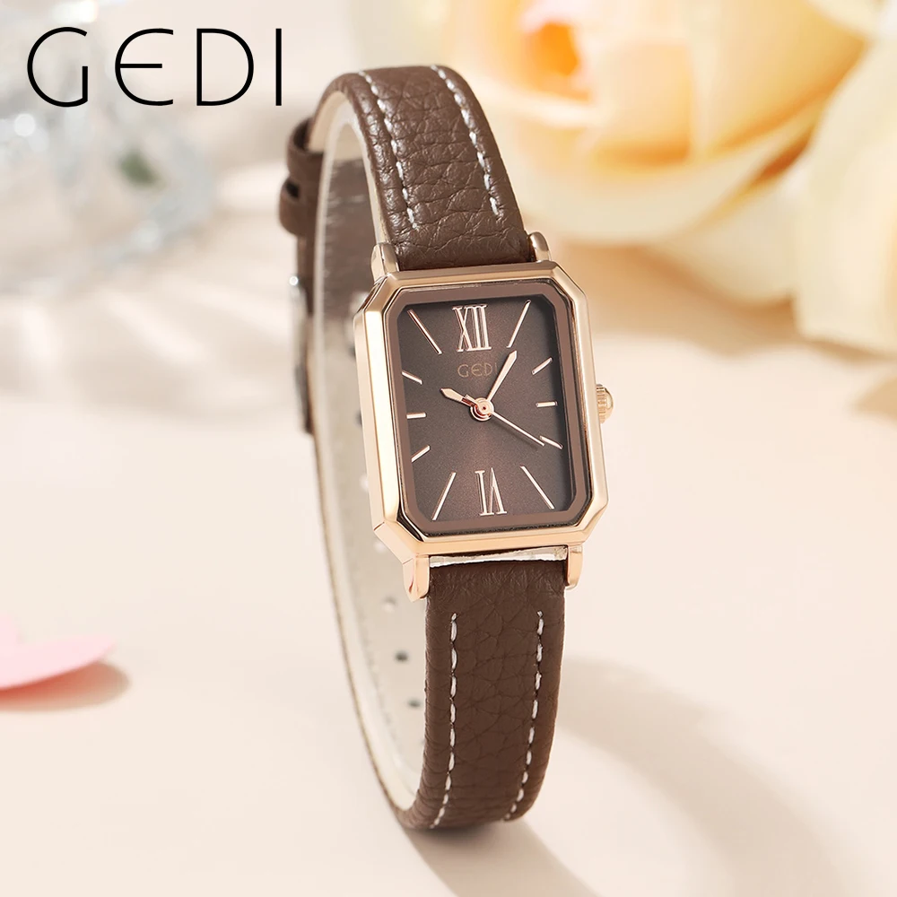 GEDI Retro Rectangle Women Watches Leather Strap Ultra-thin Waterproof Ladies Quartz Wrist Watch Casual Vintage Female Clock New