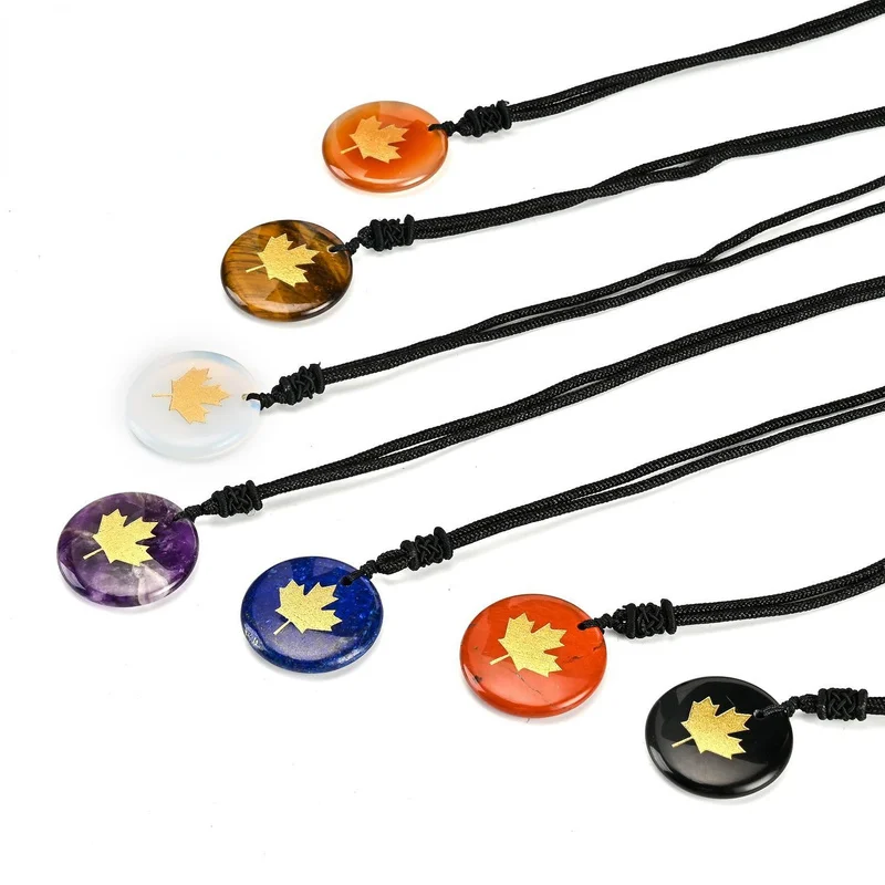 

Natural Amethyst Tiger Eye Pendant Healing Reiki Stone Chakra Charms Gems Engraved Maple Leaf Religious Necklace For Women Gift
