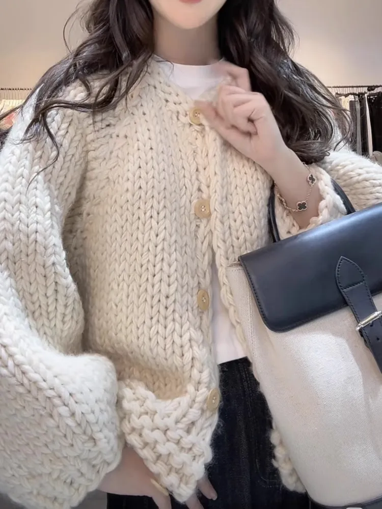 Вязаный кардиган с пышными рукавами в стиле ретро женский осенне-зимний новый