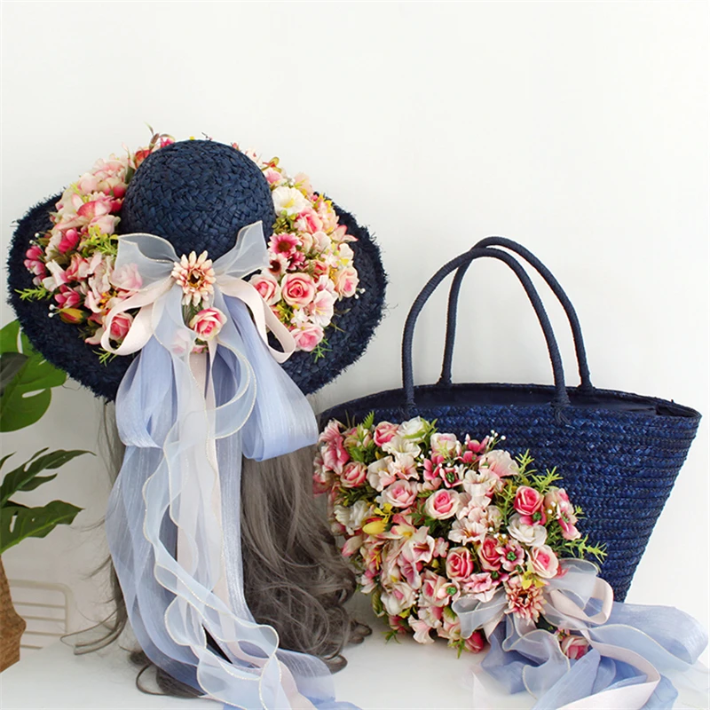 

Straw Bags for Women 2022 Luxury Flowers Handmade Woven Beach Bag with Hat Travel Larger Capacity Women's Handbags Woven Bolsa