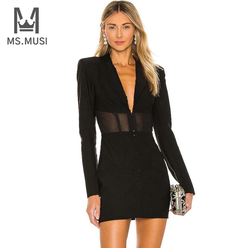 MSMUSI 2022 New Fashion Women Sexy Turn Down Collar Lace Mesh Long Sleeve Hollow Out Bodycon Party Club Blazer Mini Dress Jacket