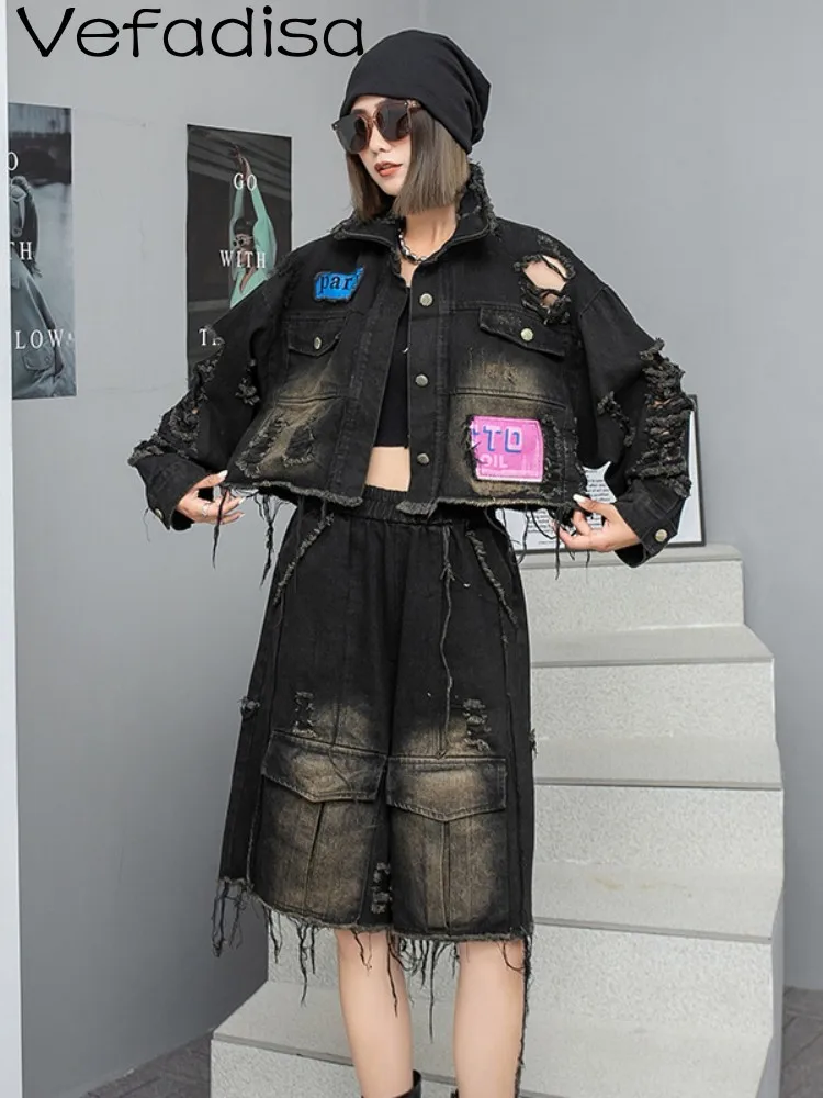 

Vefadisa Fashion Denim Suit Women 2023 Summer Wear Worn Out Hole Polo Collar Long Sleeve Jacket Capris Two Piece Set Girl ZY498