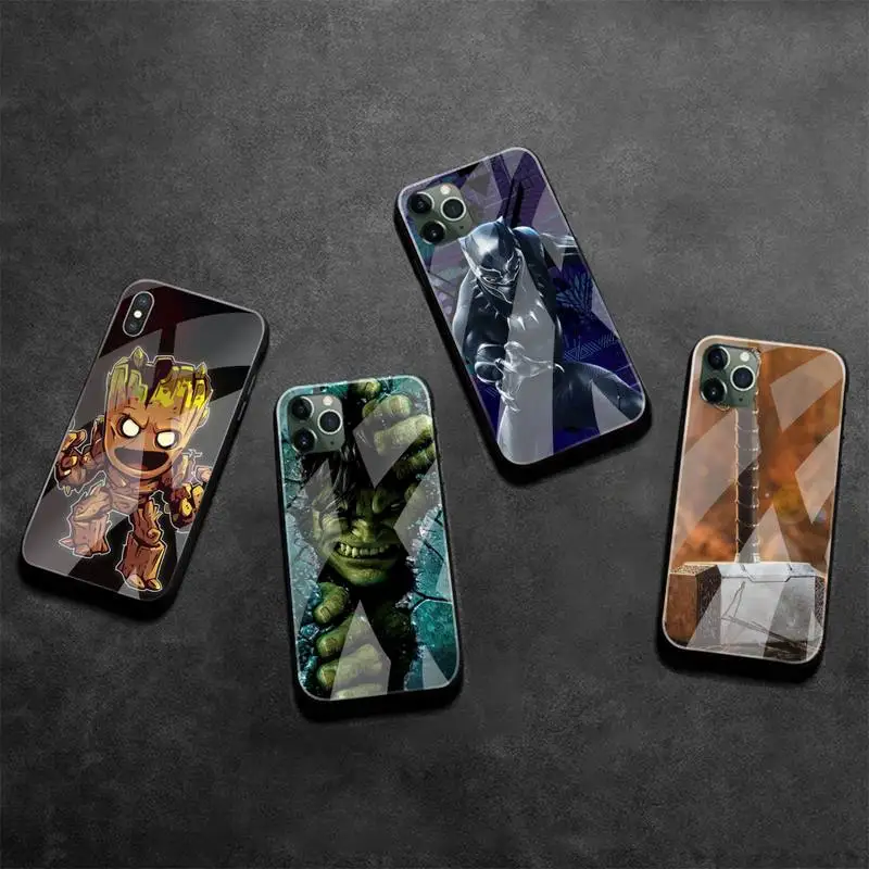 

Black Panther Hulk Groot Thor Phone Case Tempered Glass For iPhone 13 12 Mini 11 Pro XR XS MAX 8 X 7 Plus SE 2020 cover