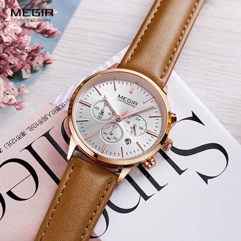 Megir хронограф индикатор даты коричневый кожаный ремешок кварцевые наручные часы