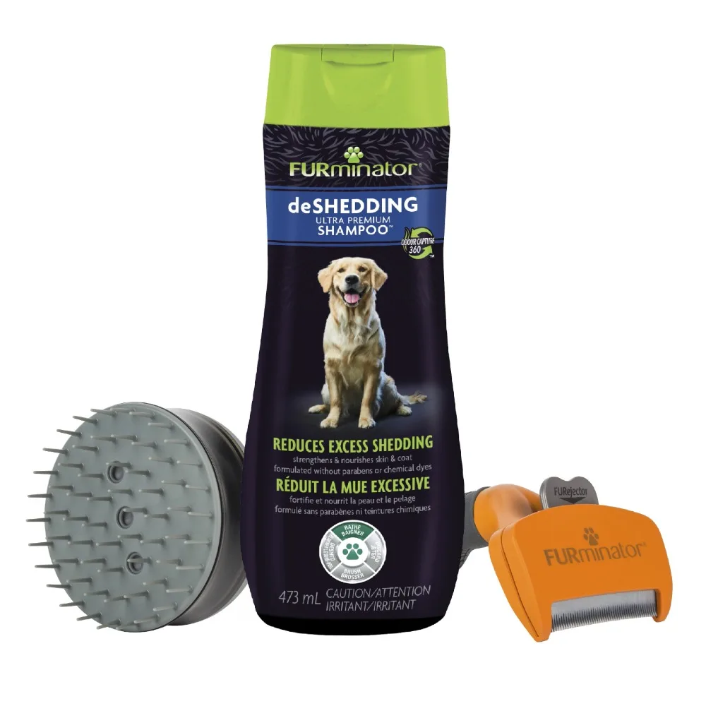FURminator Dog Grooming Bundle Contains Bathing Brush, Deshedding Ultra Premium Shampoo, Undercoat Deshedding Tool