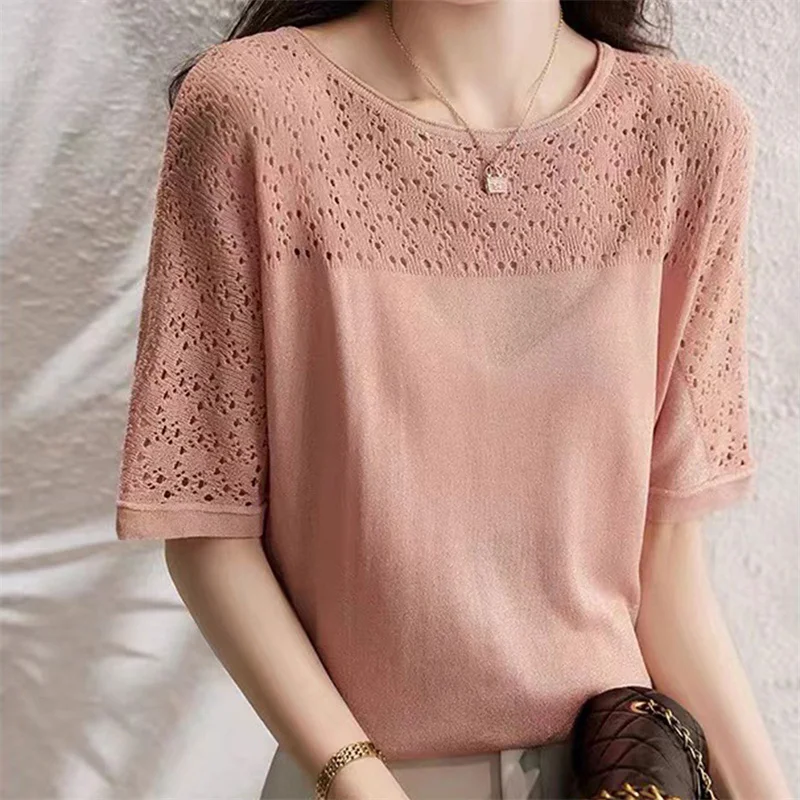

Women Knitted Short Sleeve Thin Ice Silk Short Sleeve T-shirt Hollow Out Lace Pullover Ladies Jumpers