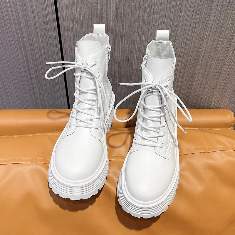 

2022 New Black Platform Boots Women Boots Winter Leathe Boots Lace Up Ankle Boots Motorcycle Thick Heel Platform High Heels