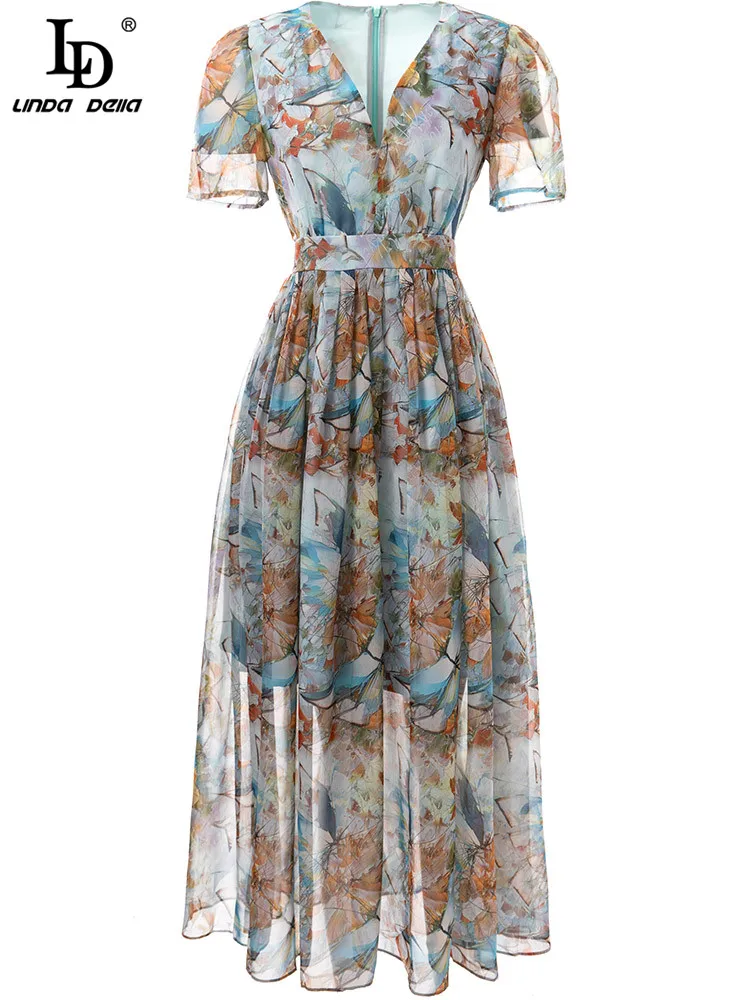 

LD LINDA DELLA New 2023 Summwe Runway Fashion Dress Women V-neck Short sleeve High waist Print Vintage Midi Dress