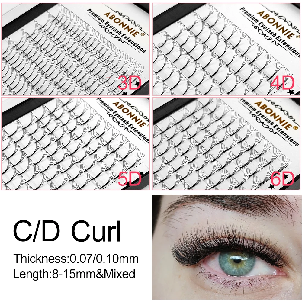 Abonnie 3D/4D/5D/6D Premade Volume Fans Fluffy Lashes Long Stem Russian Eyelashes Extension All Size |