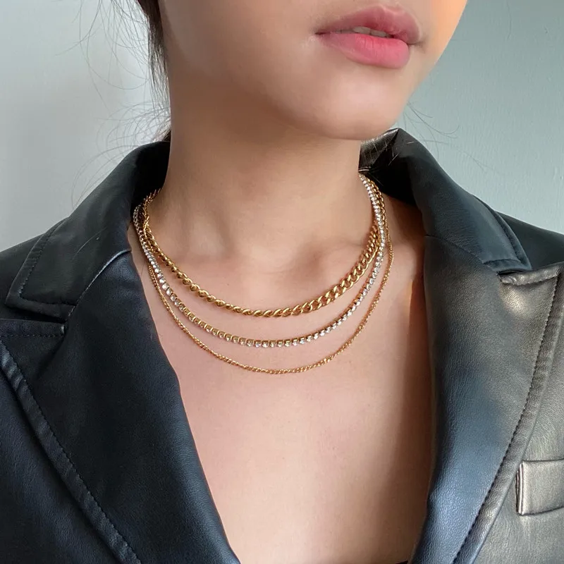 

Timeless Wonder Titanium Zirconia Triple Chains Pave Necklace for Women Jewelry Gothic Top Punk Ins Kpop Hiphop Gift Prom 3021