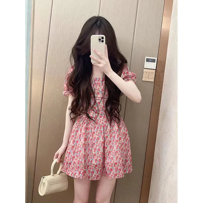 

2023 French Pure Desire Small Person Floral Dress Female Summer Bubble Sleeve One-line Neck Short Skirt Closed Waist Sexy Skirt