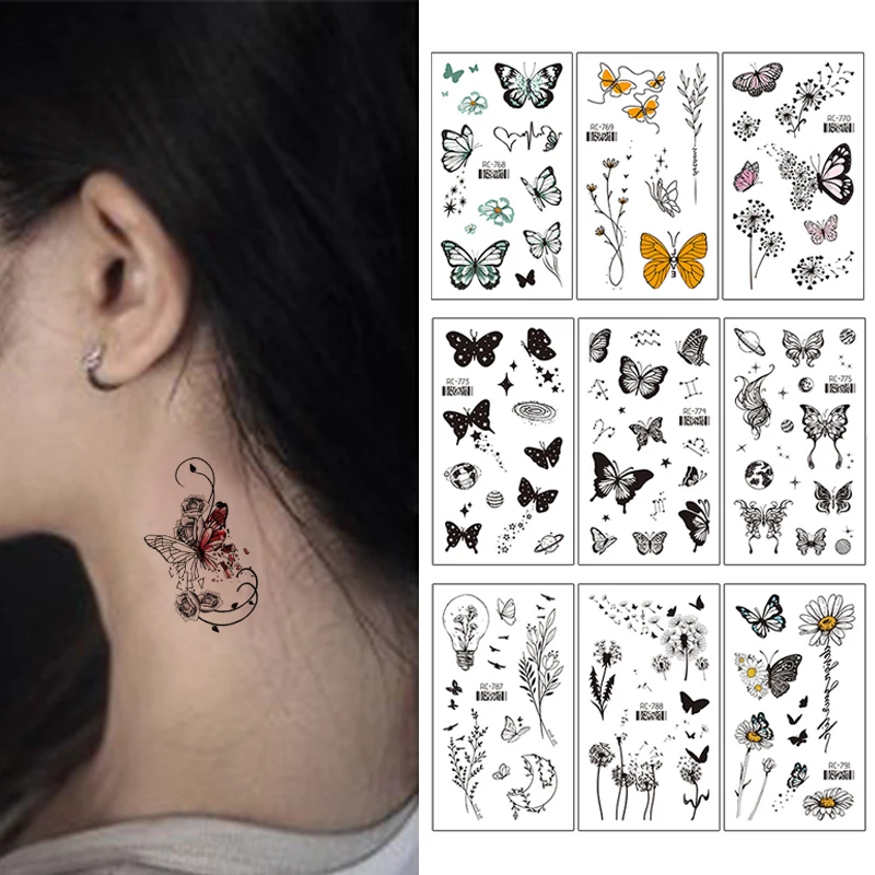 

Waterproof Temporary Tattoo Sticker Black Butterfly Theme Fake Tattoo for Women Leg Arm Body Art Tattoos Sexy Rose Flower Tattoo