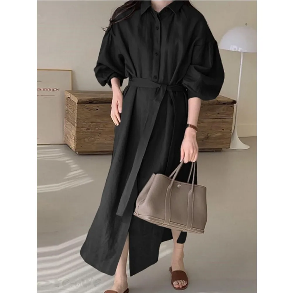 

Fashion Women's Dress Japan And South Korea Spring 2022 Belt Patchwork Loose Lantern Sleeve Split Casual Office Lady Dresses New