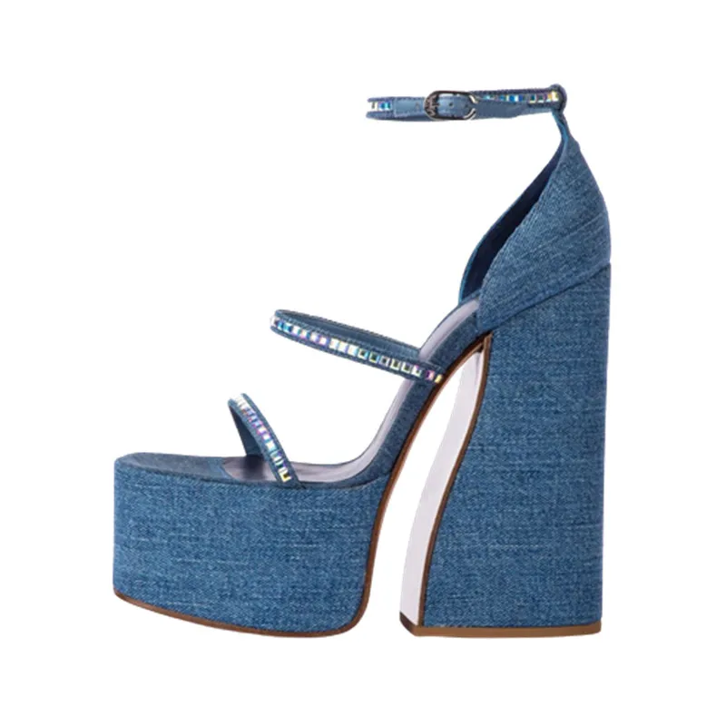 Summer Fashion Denim Shoes For Women Female Round Toe Crude High Heel Sandals Ladies Thick Platform Crystal  Chain Sexy Slippers