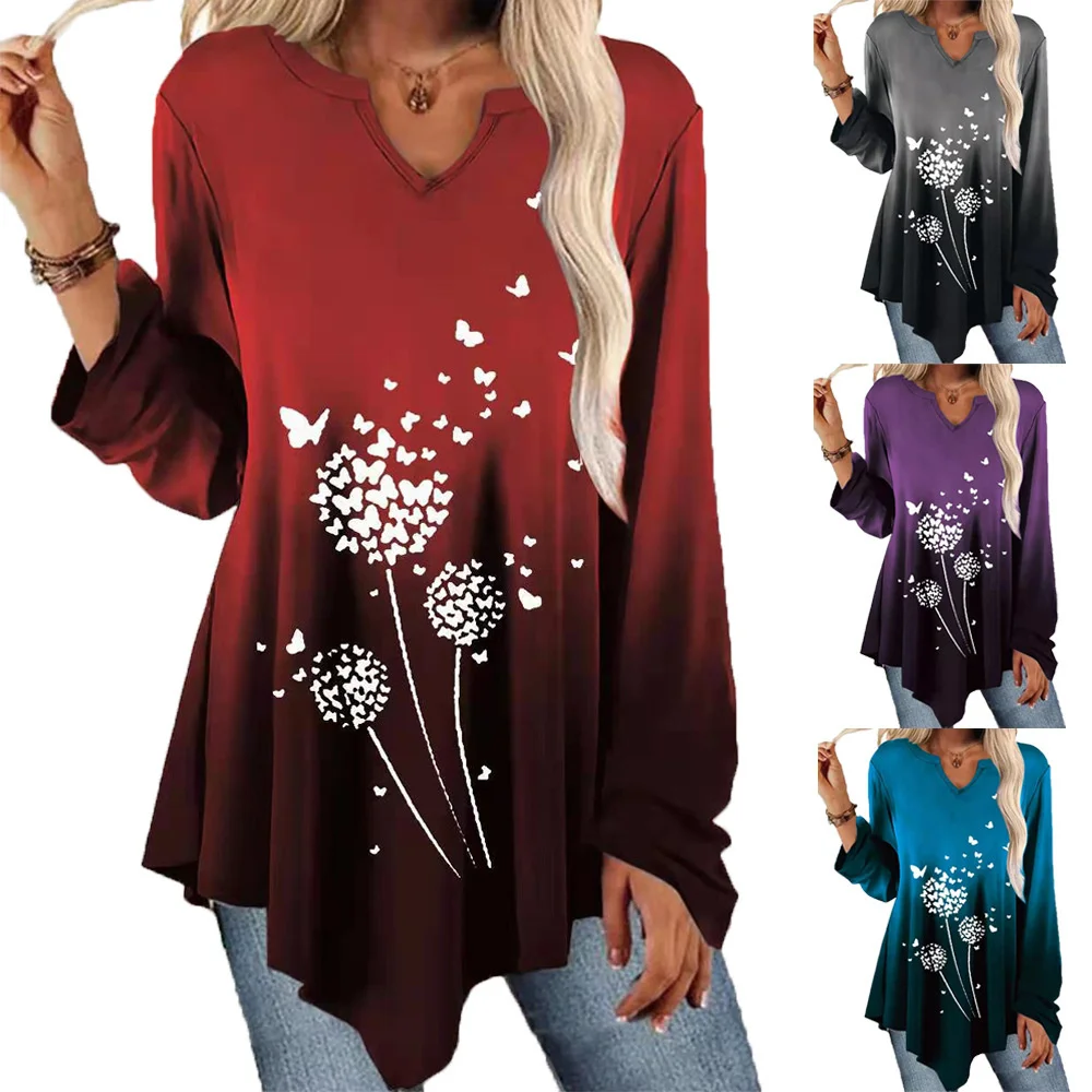 

Fashion New Gradient Color Printing Ruffled Hem Long-Sleeve T-Shirt Women Autumn Casual Loose Splice V-Neck Pullover Tops 2022