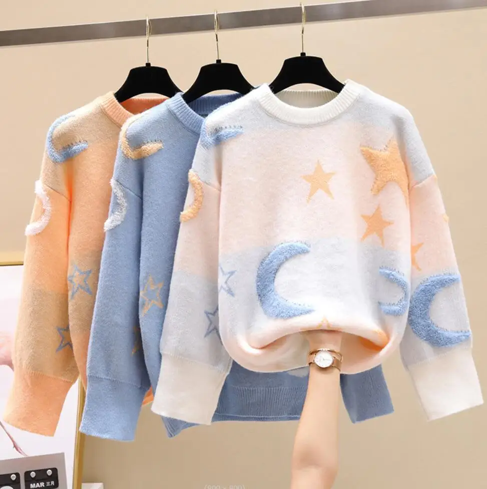 

Korean Cute Knit Sweater Women Long Sleeve Loose Pullover O Neck Outer Jumper Autumn Winter Thick All Match Basic Knitted Tops