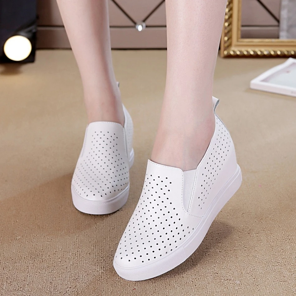 

White Casual Leisure Breathable Summer Sneakers Woman Round Toe Thick Sole Platform Split Leather Ladies Vulcanized Shoes C0005