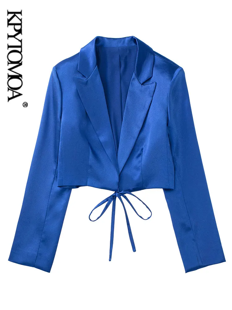 

KPYTOMOA Women Fashion Front Tied Cropped Satin Blazer Coat Vintage Long Sleeve With Shoulders Pads Female Outerwear Chic Veste