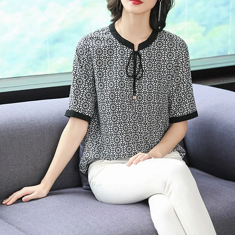 

Summer Fashion Lacing O-neck Short Sleeve Blouse Women Clothing Office Lady Bow Shirts Ladies Elegant Polka Dot Top Tee Loose
