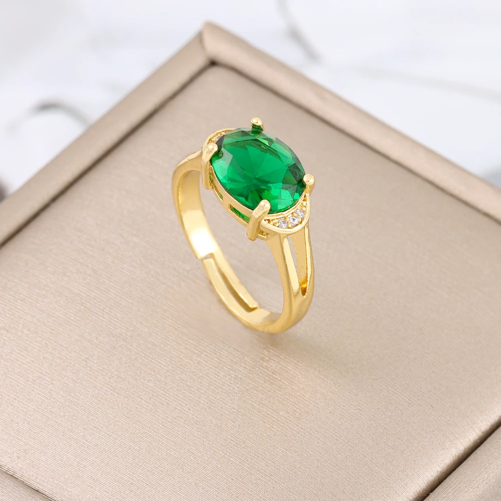 

New In Retro Luxury Oval Green Zircon Crystal Finger Rings For Women Trendy Stainless Steel Open Ring Female Jewelry Wholesale