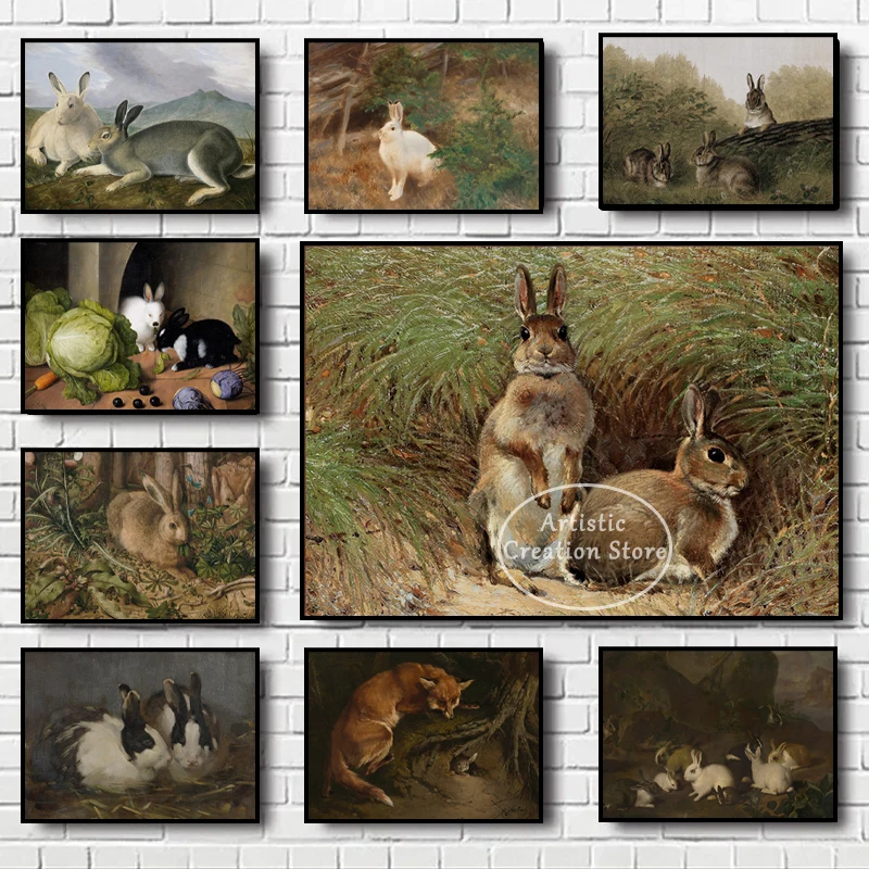 

Винтажная Картина на холсте с забавным Кроликом, антикварные кролики с животным принтом, настенные картины для гостиной, спальни, офиса, декор для комнаты, подарки