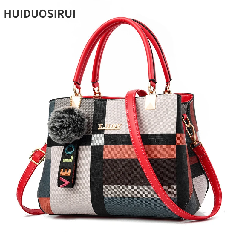 

Large Capacity Leather Women's Bag Vintage Stripes Canvas OL Business Briefcase Luxury Tote Bag Female Plaid Shoulder Handbags