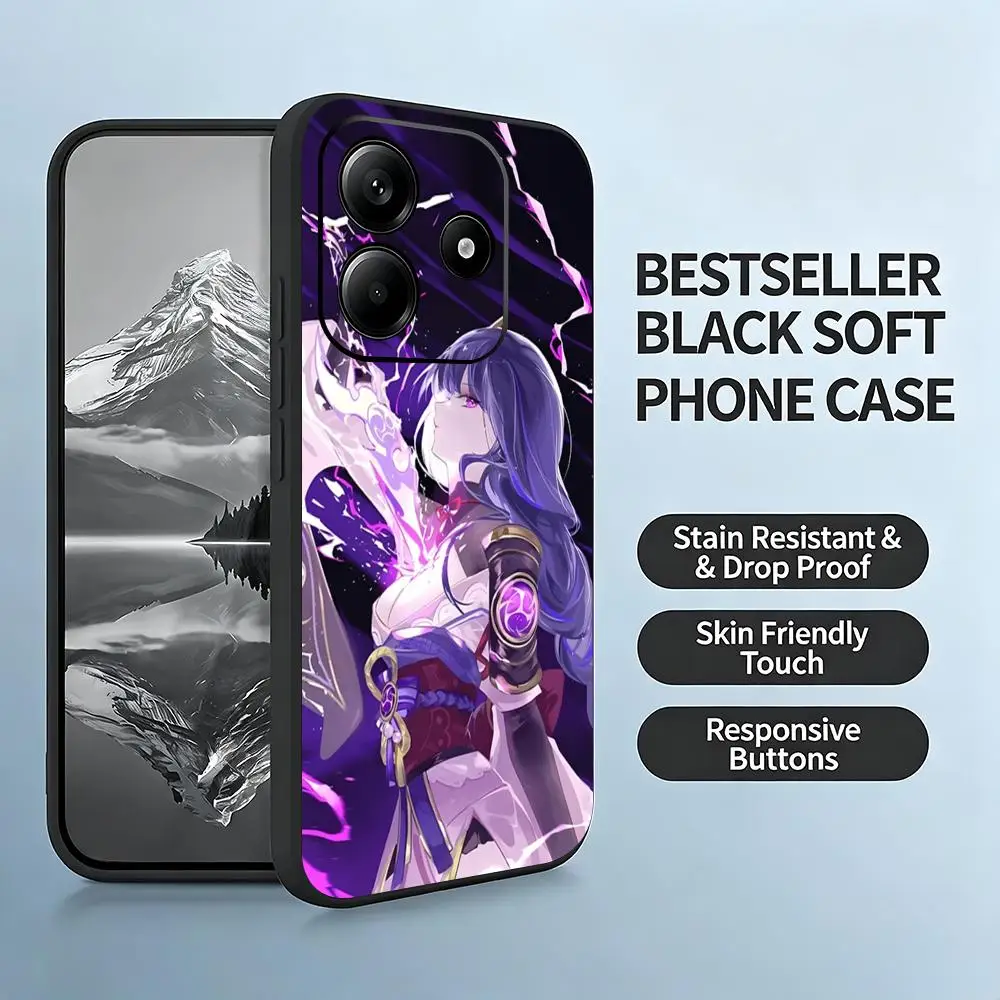 Фото Чехол для телефона Genshin Game Raiden Shogun для Xiaomi Redmi Note 17 15 14 13 12 11 Pro Plus S 5G 14C A3, мягкий черный чехол. №2