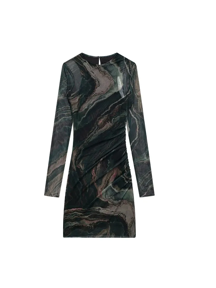 

PB&ZA 8839084 Women 2022 Autumn New Fashion tulle Printed Midi Dress Vintage Long Sleeve Female Dresses Vestidos Mujer 8839/084
