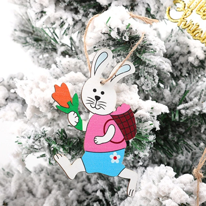 

Easter Wooden Pendants Set Colorful Egg Bunny Hanging Ornament Crafts