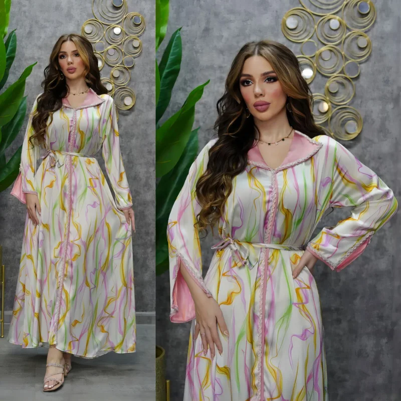 Ramadan Muslim Print Party Long Dresses for Women Abaya Dubai Kaftan Maxi Dress Islam Clothing Robe Musulman Djellaba Femme 2023