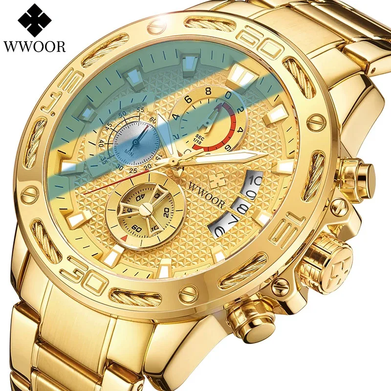 WWOOR Mens Watches Top Brand Fashion Luxury Gold Stainless Steel Quartz Watch Men Waterproof Sport Chronograph Relogio Masculino wwoor watches for men top brand luxury golden watch men waterproof quartz stainless steel mens wrist watch box relogio masculino
