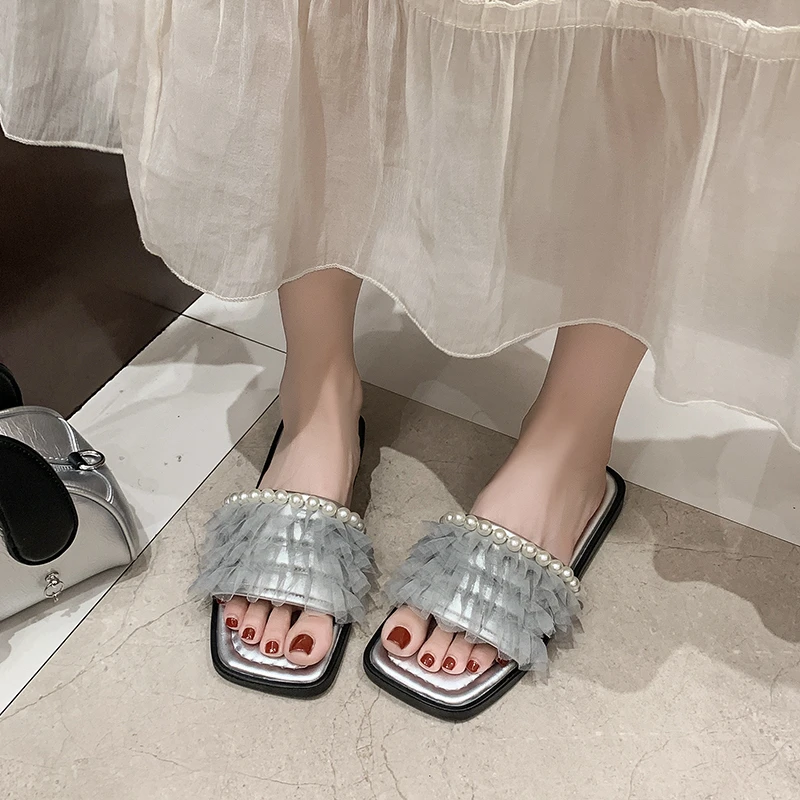 Женские летние шлепанцы сандалии с квадратным сетчатым жемчугом мягкая подошва