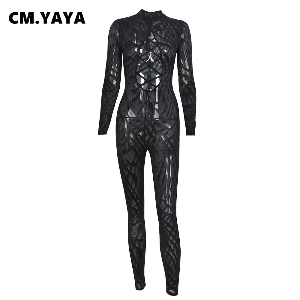 Женский прозрачный сетчатый комбинезон CM.YAYA со шнуровкой открытым спереди и