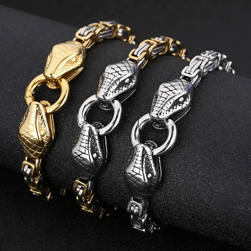 

6mm Vintage Punk Bike Bicycle Chain Double Snake Head Bracelet Men Women Stainless Steel Hiphop Byzantine Chain Bangle Jewelry