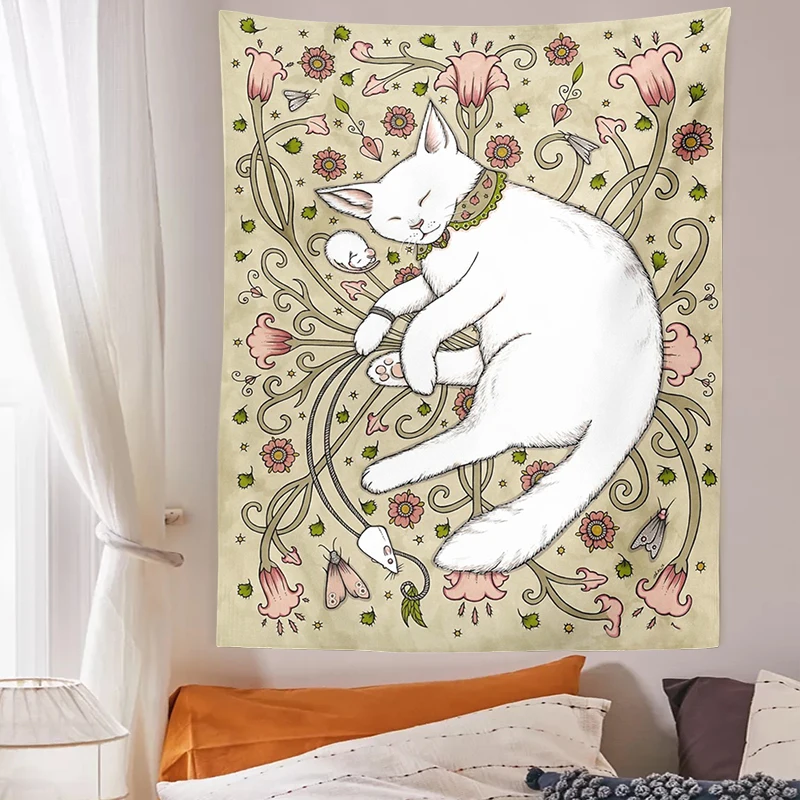 

Cute Cat Tapestry Wall Hanging Plant Floral Ins Style Cartoon Wall Art Tapestry for Living Room Kids Room Bedroom Wall Art